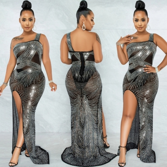 Banjul Black Semi Sheer One Shoulder Strap Gown with Silver Rhinestones Sz Small - Picture 1 of 16